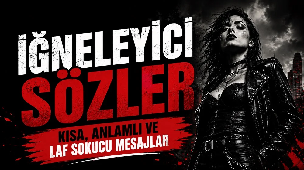 Siyah deri ceketli güçlü kadın figürü, kırmızı fırça detayları ve İğneleyici Sözler başlığıyla hazırlanmış laf sokucu mesajlar kapak tasarımı.