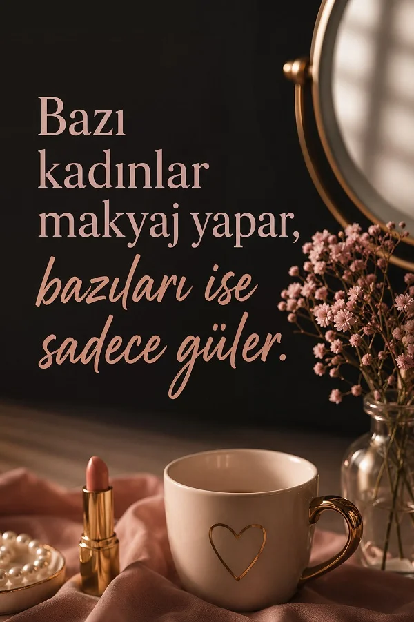 Koyu fonda ayna, pembe çiçekler, ruj ve kalp desenli fincan eşliğinde “Bazı kadınlar makyaj yapar, bazıları ise sadece güler.” sözünün yer aldığı estetik tasarım.