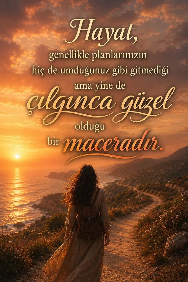 Gün batımında sahil yolunda yürüyen kadın figürü üzerinde “Hayat, genellikle planlarınızın hiç de umduğunuz gibi gitmediği ama yine de çılgınca güzel olduğu bir maceradır.” sözünün yer aldığı tasarım.