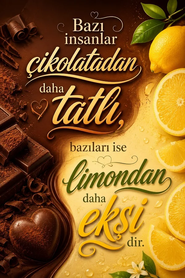 Bir yanında çikolata ve kalp şeklinde tatlı, diğer yanında limon dilimleri bulunan tasarımda “Bazı insanlar çikolatadan daha tatlı, bazıları ise limondan daha ekşidir.” sözü yer alıyor.