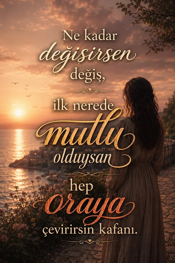 Gün batımında deniz kenarında duran kadın figürü eşliğinde “Ne kadar değişirsen değiş, ilk nerede mutlu olduysan hep oraya çevirirsin kafanı.” sözünün yazılı olduğu görsel.