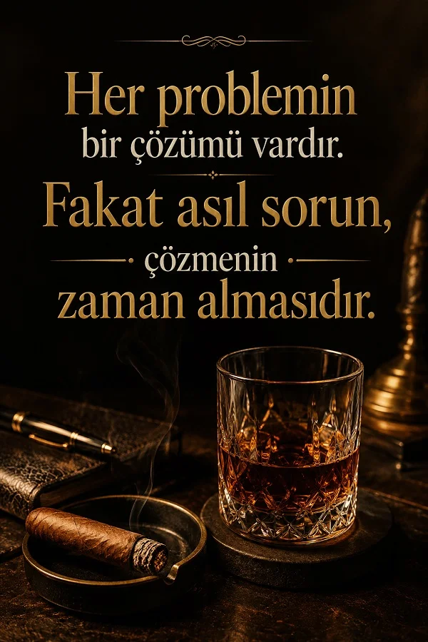 Koyu fonda viski bardağı, puro, kalem ve masa detaylarıyla hazırlanan görselde “Her problemin bir çözümü vardır. Fakat asıl sorun, çözmenin zaman almasıdır.” sözü yer alıyor.