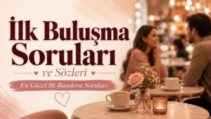 Romantik bir kafede sohbet eden çift eşliğinde hazırlanmış, “İlk Buluşma Soruları ve Sözleri En Güzel İlk Randevu Soruları” yazılı kapak görseli.