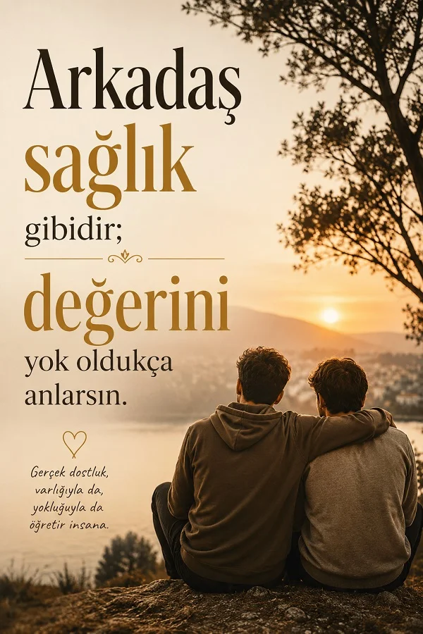 Gün batımına karşı yan yana oturan iki arkadaşın bulunduğu görselde “Arkadaş sağlık gibidir; değerini yok oldukça anlarsın.” sözü yazıyor.