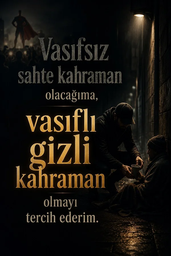 Karanlık sokakta yere oturan birine yardım eden kişinin görüldüğü görselde “Vasıfsız sahte kahraman olacağıma, vasıflı gizli kahraman olmayı tercih ederim.” sözü bulunuyor.