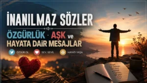 Gün batımı manzarası, özgürlük temalı insan silüeti, kalp detayı ve büyük tipografiyle hazırlanmış “İnanılmaz Sözler: Özgürlük, Aşk ve Hayata Dair Mesajlar” başlıklı modern kapak görseli.