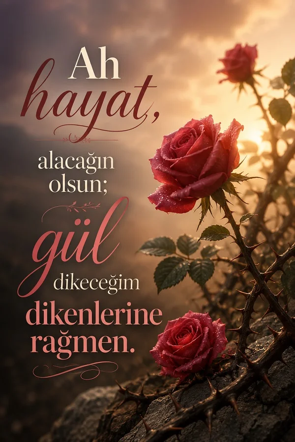 Dikenli gül dalları ve açmış kırmızı güllerin yer aldığı görselde “Ah hayat, alacağın olsun; gül dikeceğim dikenlerine rağmen.” sözü yazıyor.