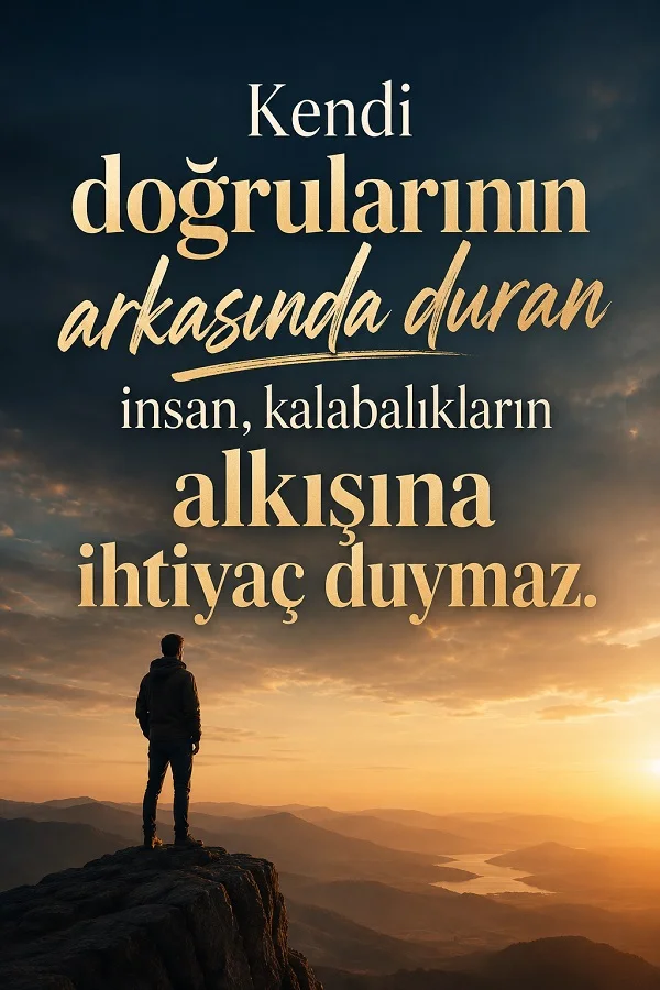 Gün doğumu manzarasında kayalık zirvede duran bir insanın yer aldığı görselde “Kendi doğrularının arkasında duran insan, kalabalıkların alkışına ihtiyaç duymaz.” sözü bulunuyor.
