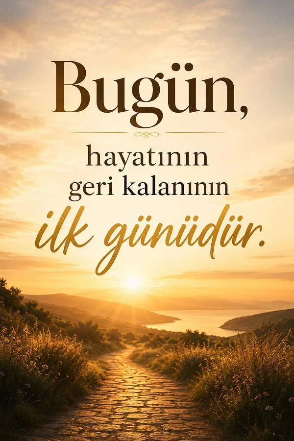 Güneşli bir doğa yolunun bulunduğu görselde “Bugün, hayatının geri kalanının ilk günüdür.” sözü yer alıyor.