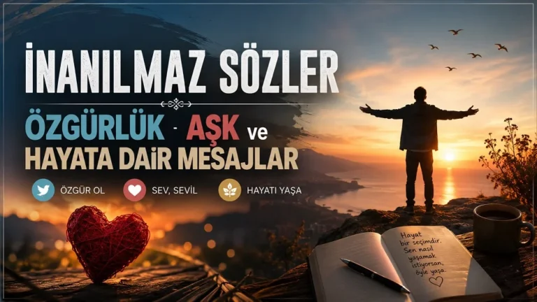 Gün batımı manzarası, özgürlük temalı insan silüeti, kalp detayı ve büyük tipografiyle hazırlanmış “İnanılmaz Sözler: Özgürlük, Aşk ve Hayata Dair Mesajlar” başlıklı modern kapak görseli.