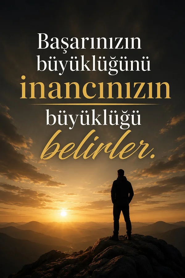 Gün doğumunda dağ zirvesinde duran bir kişi eşliğinde “Başarınızın büyüklüğünü inancınızın büyüklüğü belirler.” sözü yer alıyor.