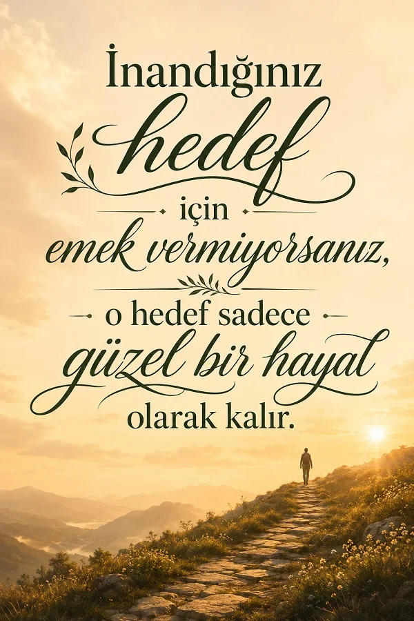 Dağ yolunda yürüyen bir kişi ile “İnandığınız hedef için emek vermiyorsanız, o hedef sadece güzel bir hayal olarak kalır.” sözü yazılı.