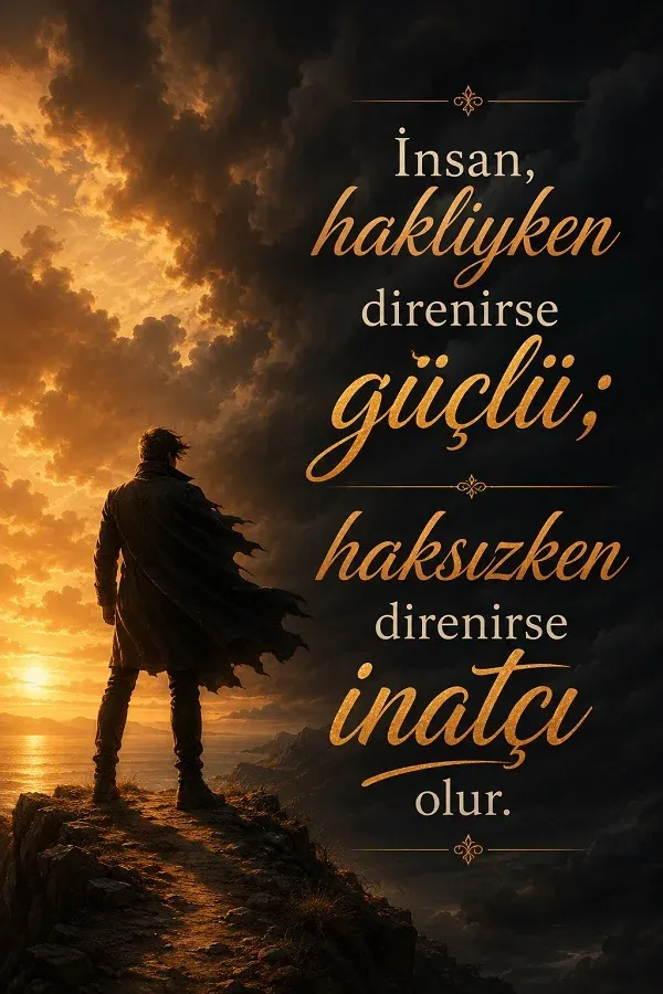 Gün batımında kayalık üzerinde duran bir adam ve “İnsan, haklıyken direnirse güçlü; haksızken direnirse inatçı olur.” sözü.