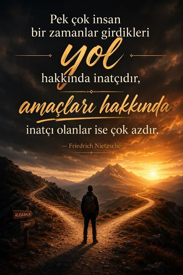 Dağ manzarasında yol ayrımında duran bir kişi ve Friedrich Nietzsche’ye ait yol ile amaç üzerine söz.