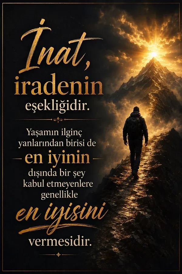 Karanlık dağ yolunda zirveye yürüyen bir adam ve “İnat, iradenin eşekliğidir” sözü.