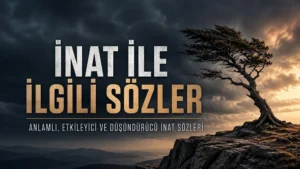 Fırtınalı gökyüzü altında kayalıkların üzerinde duran eğilmiş yalnız ağaç ve üzerinde “İnat ile İlgili Sözler” yazısı