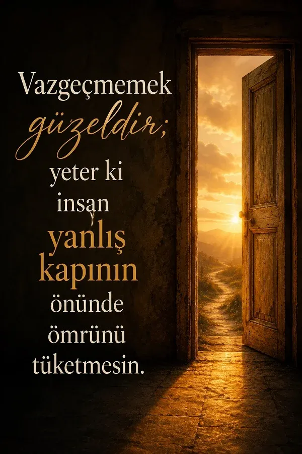 Karanlık bir odada açık kapıdan gelen gün ışığı ve “Vazgeçmemek güzeldir; yeter ki insan yanlış kapının önünde ömrünü tüketmesin.” sözü.