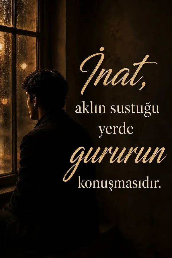 Karanlık odada pencere kenarında oturan adam ve “İnat, aklın sustuğu yerde gururun konuşmasıdır.” sözü.