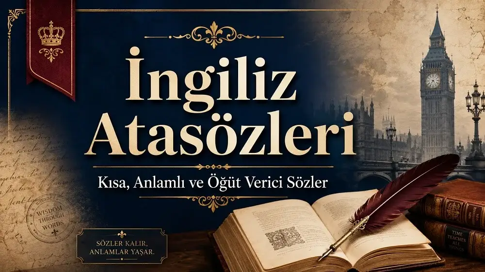 İngiliz Atasözleri Kısa, Anlamlı ve Öğüt Verici Sözler başlıklı; kitap, tüy kalem, parşömen ve Big Ben detayları bulunan klasik temalı kapak görseli.