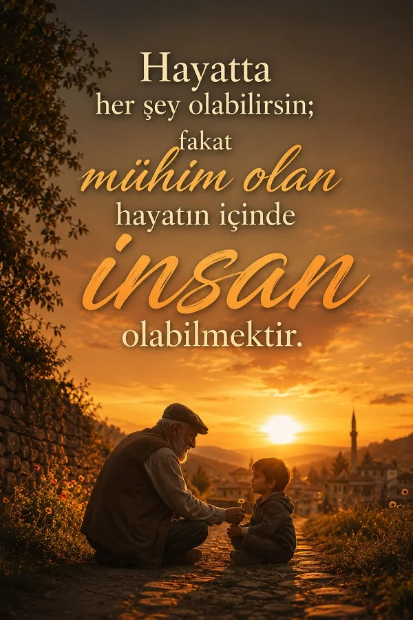 Gün batımı ışığında taş bir yolda oturan yaşlı bir adam ve küçük bir çocuk karşılıklı duruyor. Üst bölümde “Hayatta her şey olabilirsin; fakat mühim olan hayatın içinde insan olabilmektir” yazısı bulunuyor.