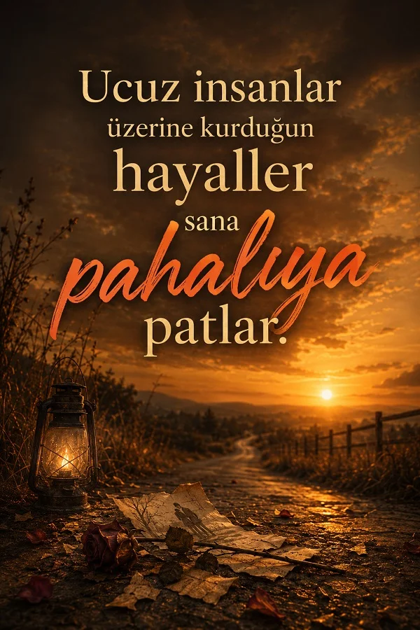 Gün batımında kırsal bir yolda eski bir fener, yere dağılmış kâğıtlar ve solmuş çiçekler görülüyor. Görselde “Ucuz insanlar üzerine kurduğun hayaller sana pahalıya patlar” sözü yer alıyor.
