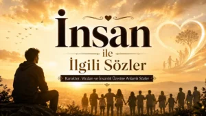 Altın tonlarında gün doğumu manzarasında, ufka bakan bir insan silüeti, el ele duran insanlar ve ışıklı kalp sembolüyle “İnsan ile İlgili Sözler” başlıklı anlamlı kapak görseli.