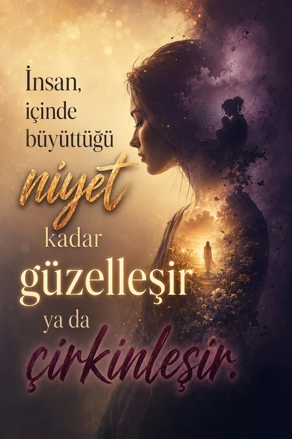 Profil şeklinde görünen bir kadın portresi, ışıklı doğa manzarası ve gölgeli figürlerle birleşmiş sanatsal bir kompozisyon olarak yer alıyor. Görselde “İnsan, içinde büyüttüğü niyet kadar güzelleşir ya da çirkinleşir” yazısı bulunuyor.