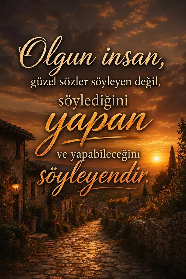 Gün batımı ışığında taş döşeli dar bir sokak, eski evler ve uzak tepeler görülüyor. Görselde “Olgun insan, güzel sözler söyleyen değil, söylediğini yapan ve yapabileceğini söyleyendir” sözü yer alıyor.