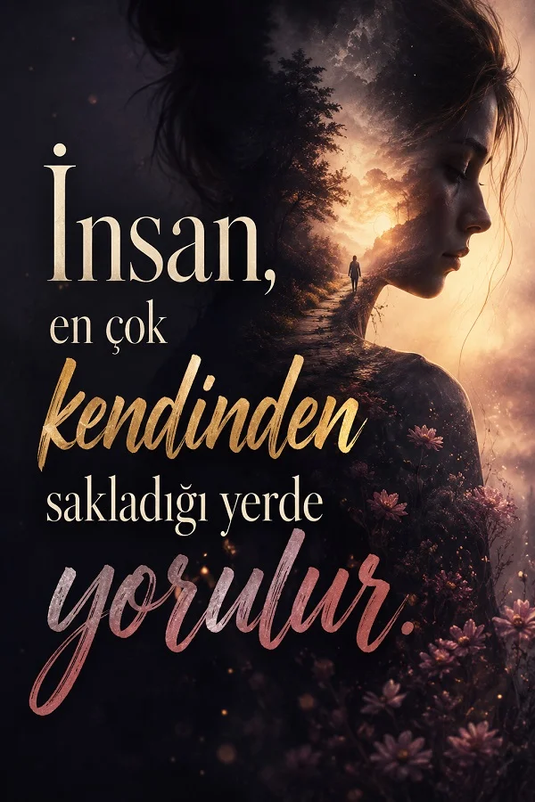 Yüzü yandan görünen bir kadın portresi, karanlık orman yolu, çiçekler ve ışıklı gökyüzüyle birleşmiş sanatsal bir sahne oluşturuyor. Görselde “İnsan, en çok kendinden sakladığı yerde yorulur” yazısı bulunuyor.
