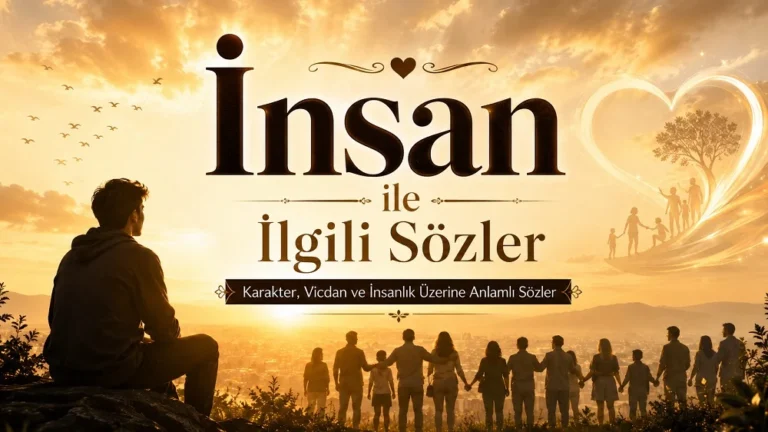 Altın tonlarında gün doğumu manzarasında, ufka bakan bir insan silüeti, el ele duran insanlar ve ışıklı kalp sembolüyle “İnsan ile İlgili Sözler” başlıklı anlamlı kapak görseli.