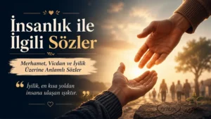 Gün batımı ışığında birbirine uzanan iki elin yer aldığı, arka planda insan siluetleri ve “İnsanlık ile İlgili Sözler” yazısı bulunan merhamet, vicdan ve iyilik temalı yatay kapak görseli.