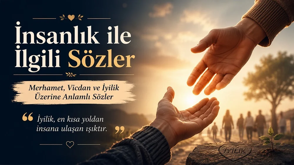 Gün batımı ışığında birbirine uzanan iki elin yer aldığı, arka planda insan siluetleri ve “İnsanlık ile İlgili Sözler” yazısı bulunan merhamet, vicdan ve iyilik temalı yatay kapak görseli.