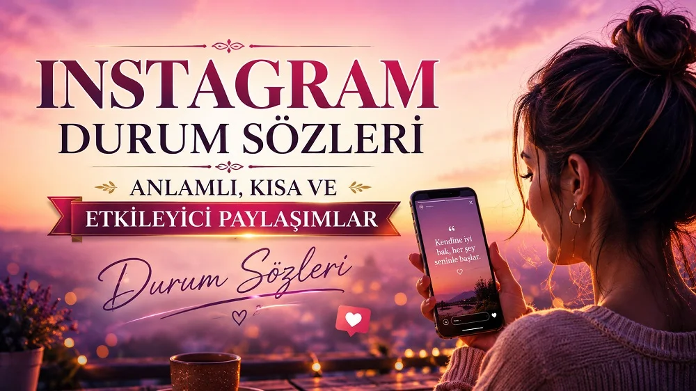 Instagram durum sözleri başlıklı, telefon ekranında söz paylaşımı yapan kadın figürü ve pembe gün batımı tonlarında sosyal medya temalı kapak görseli.