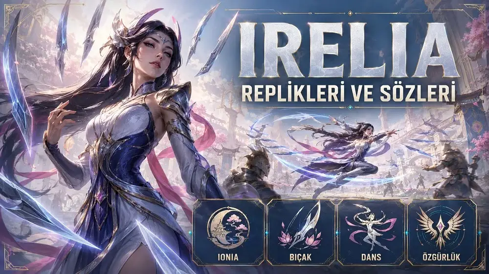 Irelia replikleri ve sözleri başlıklı kapak görselinde, açık mavi ve pembe tonlarla çevrili Irelia havada süzülen bıçaklarıyla aydınlık Ionia atmosferinde gösteriliyor.