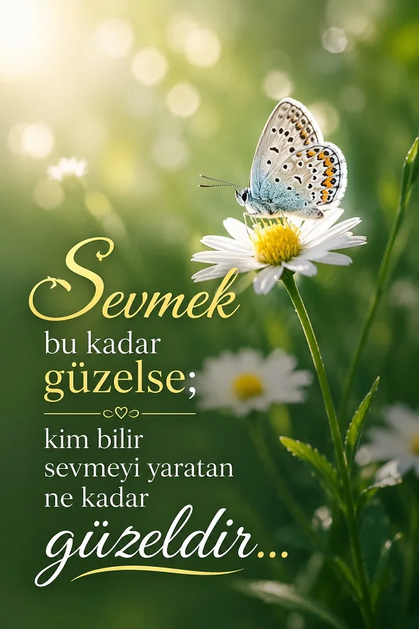 Papatya üzerinde duran kelebek eşliğinde “Sevmek bu kadar güzelse; kim bilir sevmeyi yaratan ne kadar güzeldir...” sözünün yer aldığı huzurlu ve anlamlı görsel.