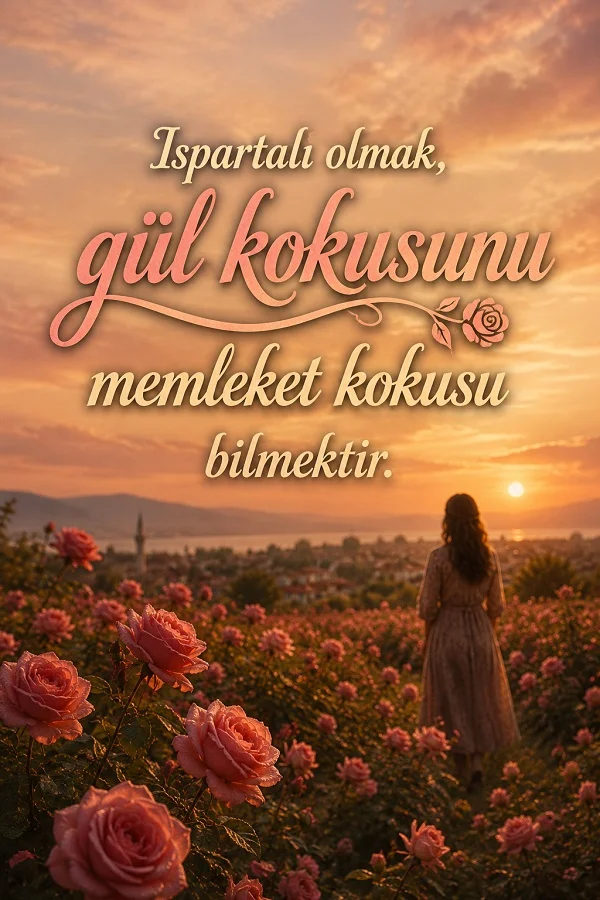 Gün batımında gül bahçeleri içinde Isparta manzarasına bakan kadın ve “Ispartalı olmak, gül kokusunu memleket kokusu bilmektir.” sözü.