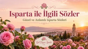 Isparta ile ilgili sözler başlıklı kapak görselinde pembe güller, gün batımı ışığında şehir manzarası ve Gül Diyarı Isparta yazısı yer alıyor.
