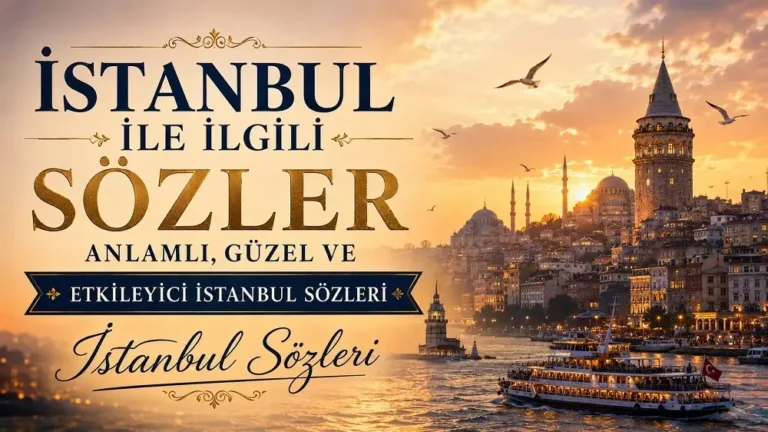 İstanbul ile ilgili sözler başlıklı, Galata Kulesi, cami silüetleri, Boğaz manzarası, vapur ve gün batımı eşliğinde hazırlanmış etkileyici kapak görseli.