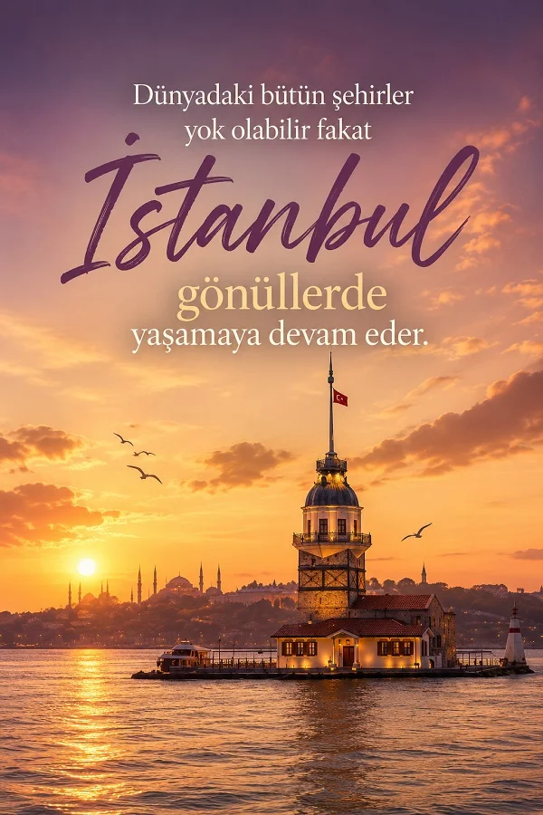 Gün batımında Kız Kulesi ve İstanbul’un gönüllerde yaşamaya devam ettiğini anlatan şehir temalı söz.
