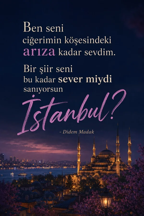 Gece İstanbul manzarası, cami silüeti ve Didem Madak dizeleriyle İstanbul sevgisini anlatan söz.
