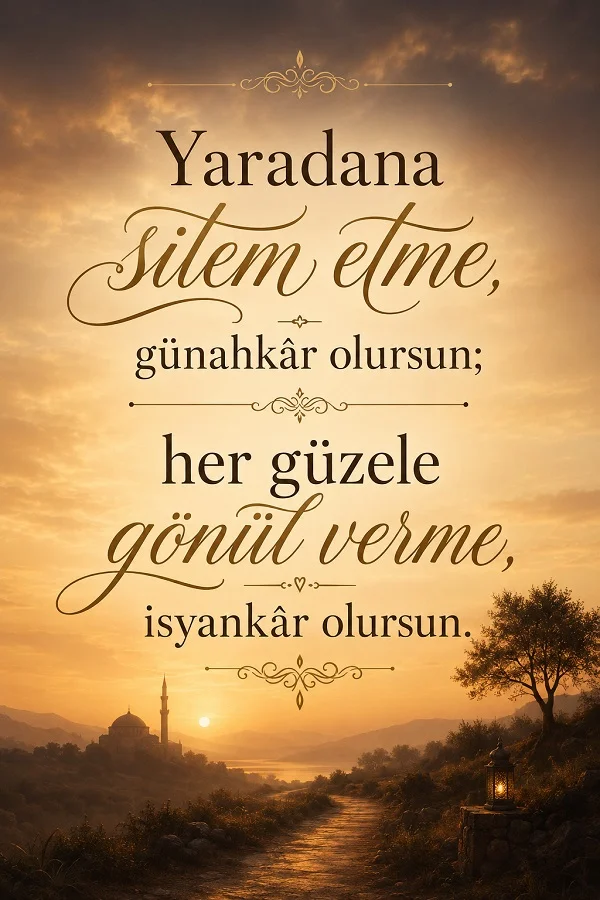 Gün batımı manzaralı, yol ve uzakta cami bulunan görselde “Yaradana sitem etme, günahkâr olursun; her güzele gönül verme, isyankâr olursun.” sözü yer alıyor.
