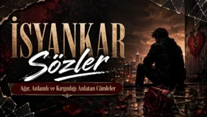 İsyankar Sözler başlıklı, yağmurlu şehir manzarası, yalnız oturan insan figürü, kırık cam ve solmuş gül detaylarıyla hazırlanmış karanlık kapak görseli.