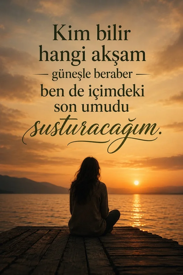 Gün batımında iskele üzerinde oturan bir kişinin bulunduğu görselde “Kim bilir hangi akşam güneşle beraber ben de içimdeki son umudu susturacağım.” sözü yazılı.