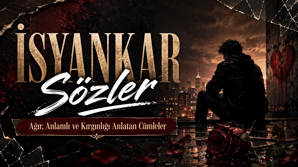 İsyankar Sözler başlıklı, yağmurlu şehir manzarası, yalnız oturan insan figürü, kırık cam ve solmuş gül detaylarıyla hazırlanmış karanlık kapak görseli.