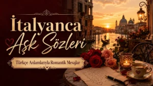İtalyanca Aşk Sözleri başlıklı, Venedik manzarası, gondol, güller, mum ışığı ve romantik mektup detaylarıyla hazırlanmış 16:9 kapak görseli.