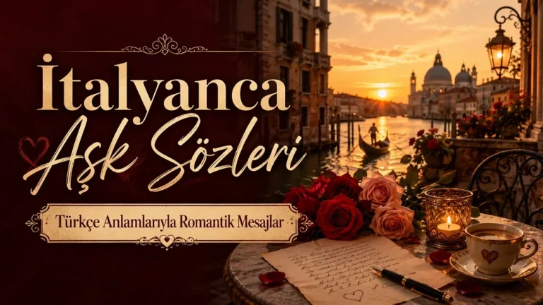İtalyanca Aşk Sözleri başlıklı, Venedik manzarası, gondol, güller, mum ışığı ve romantik mektup detaylarıyla hazırlanmış 16:9 kapak görseli.