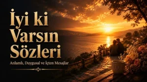 Gün batımı manzarasında birlikte oturan çift, çiçekler ve kalp detaylı fincan eşliğinde hazırlanmış İyi ki Varsın Sözleri kapak görseli.