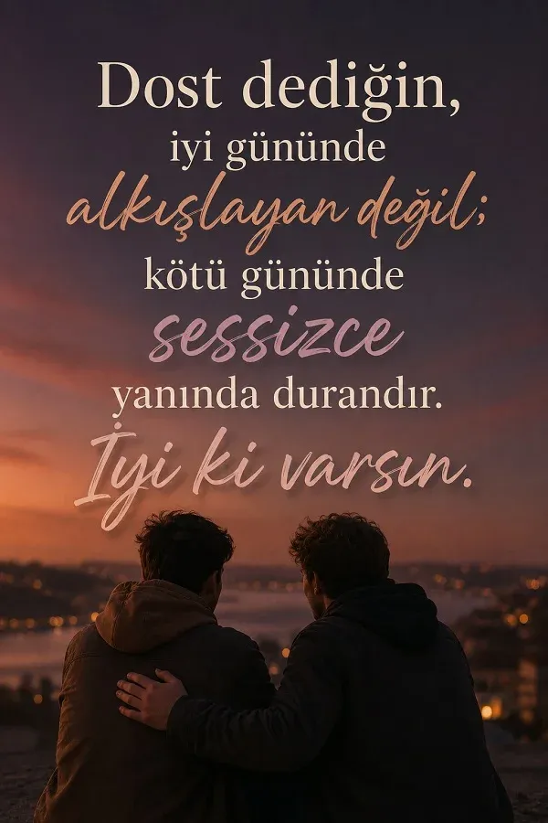 Gün batımında şehir manzarasına bakan iki erkek arkadaş ve “Dost dediğin, iyi gününde alkışlayan değil; kötü gününde sessizce yanında durandır. İyi ki varsın.” sözü.