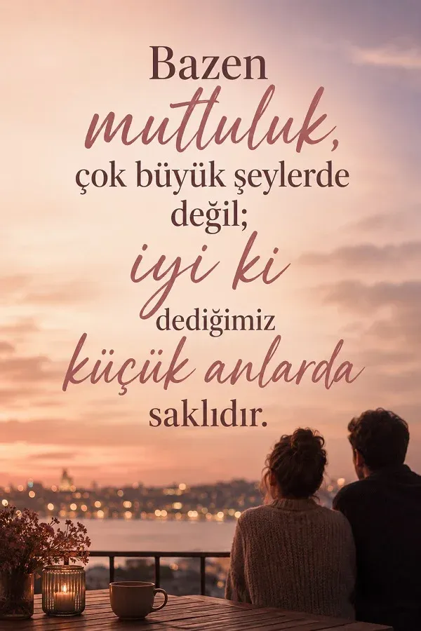 Akşam manzarasına karşı balkonda oturan çift, masa üzerindeki fincan ve “Bazen mutluluk, çok büyük şeylerde değil; iyi ki dediğimiz küçük anlarda saklıdır.” sözü.