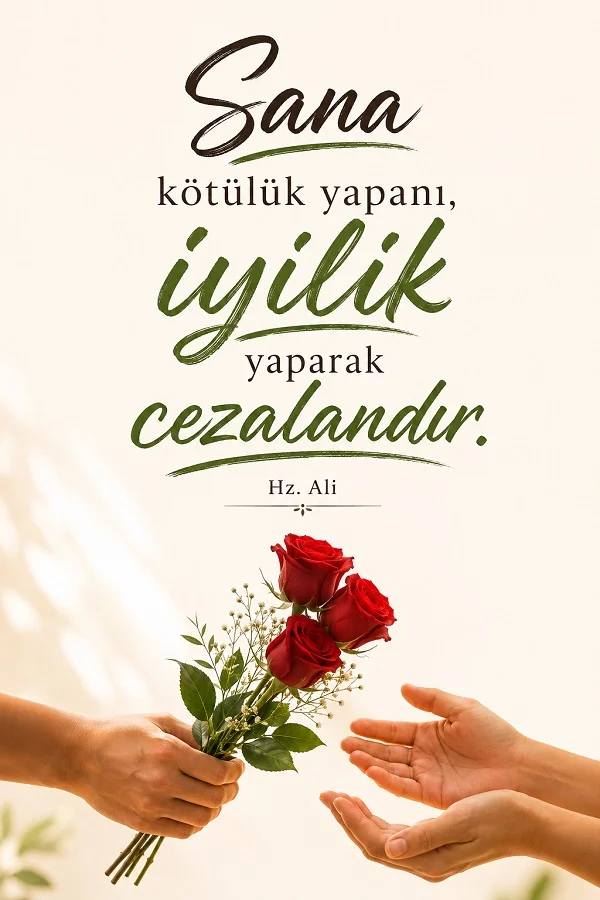 Bir kişinin elindeki kırmızı güllerin başka bir kişiye uzatıldığı sahne üzerinde “Sana kötülük yapanı, iyilik yaparak cezalandır.” sözü yer alıyor.